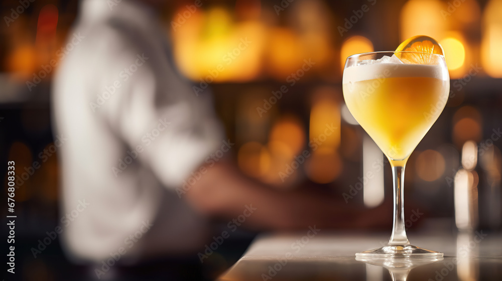 close up of a yellow cocktail with blurred Bartender and bar in the back with empty copy space	