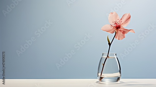  a single pink flower is in a glass vase with water on the side of a white table and a blue wall in the background.  generative ai