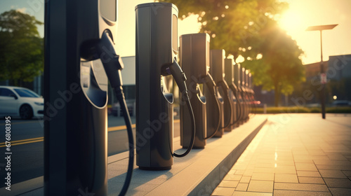 Electric vehicle charging poles are aligned at the charging station. Clean energy. Electric car technology.
