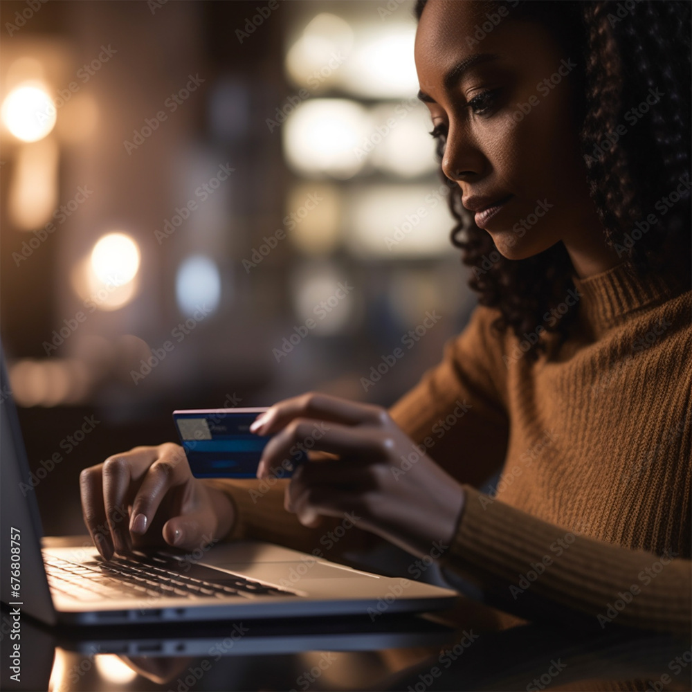 close-up of an African American woman's hands shopping online using a credit card and laptop. Online shopping, e-commerce, internet banking . Black Friday. close-up of an African American woman's hands shopping online using a credit card and laptop. Online shopping, e-commerce, internet banking . Black Friday.