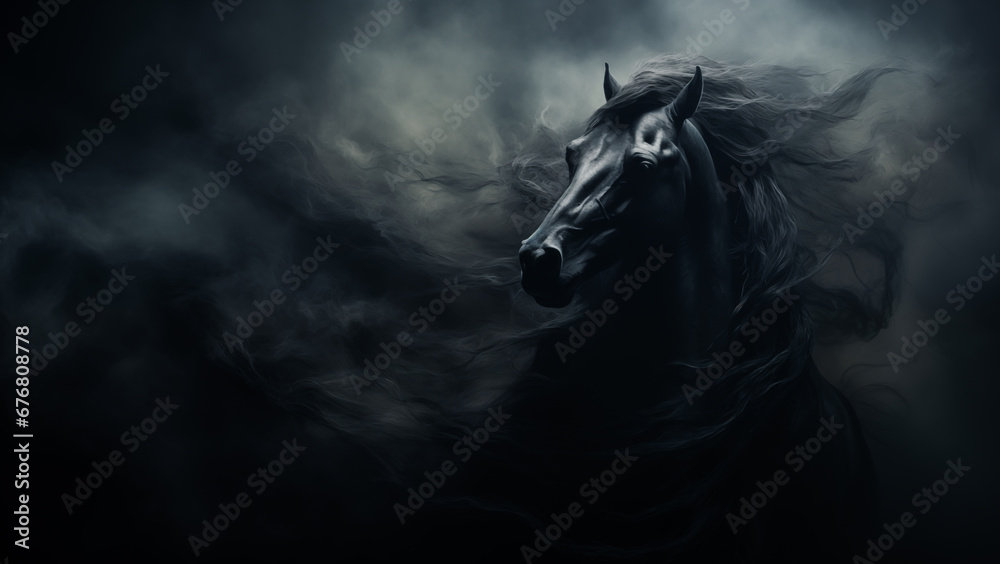 Dark style stylized portrait of horse in the smoke Dark style stylized portrait of horse in the smoke