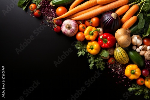 Vibrant and nutritious assortment of fresh vegetables and fruits on a dark solid background