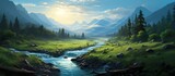 Forest with river nature landscape view. AI generated image