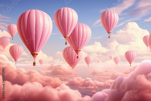 Pink balloons flying above a cloud, photorealistic detail, packed with hidden details, simplicity, monochromatic color palettes, lightbox