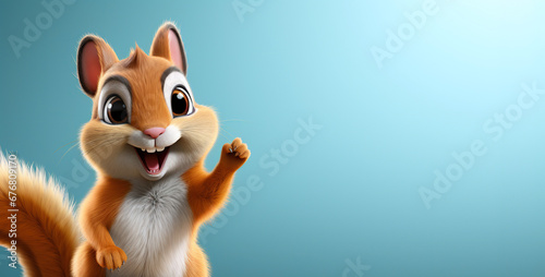 cute cartoon character happy squirrel points paw at copy space on an blue isolated background © alexkoral
