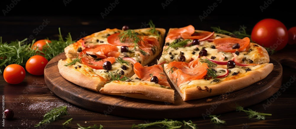Delicious tasty pepperoni pizza with tomatoes on wooden plate. AI generated