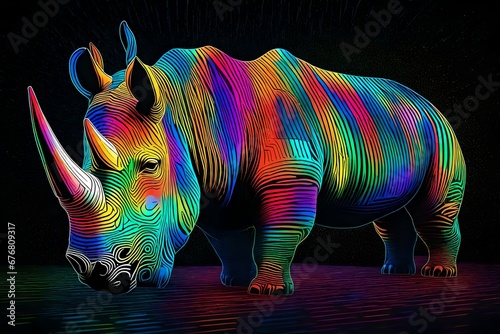 rhino illustion , background , colourful illustion , colourful lights ,horse ,abstract colorful rainbow illustion of rhino