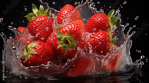  a bunch of strawberries in a glass of water with a splash of water on the bottom of the image. generative ai