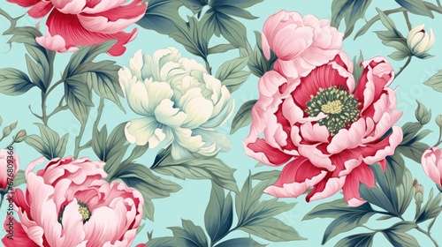  a bunch of pink and white flowers on a light blue background with green leaves and flowers on a light blue background. generative ai