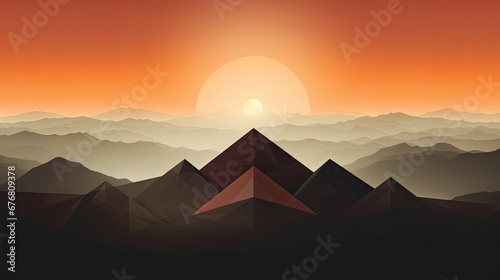  a sunset over a mountain range with a pyramid in the foreground and a rising sun in the middle of the horizon.  generative ai