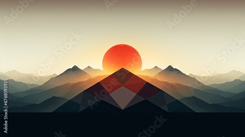  a picture of a mountain range with the sun setting in the distance and mountains in the foreground  with a red ball in the middle of the image.  generative ai