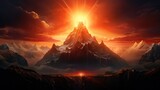  a picture of a mountain with a bright light coming out of the top of it in the middle of the night.  generative ai