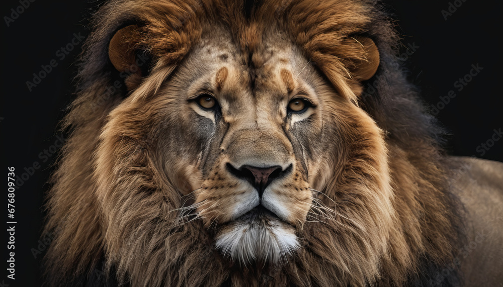 Fototapeta premium A lion with a sad look on its face and a black background