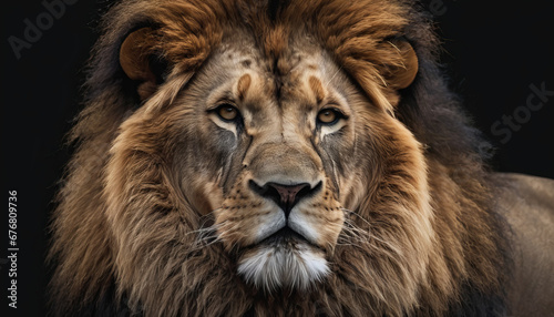 A lion with a sad look on its face and a black background