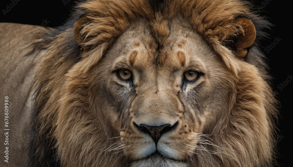 A lion with a sad look on its face and a black background