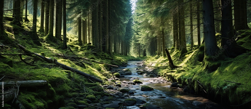 Obraz premium Forest with river nature landscape view. AI generated image