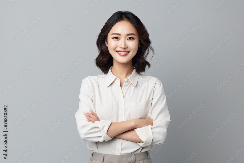 photo portrait of young asia lady with positive expression, arms crossed, smile broadly, dressed in casual clothing, generative ai photo portrait of young asia lady with positive expression, arms crossed, smile broadly, dressed in casual clothing, generative ai
