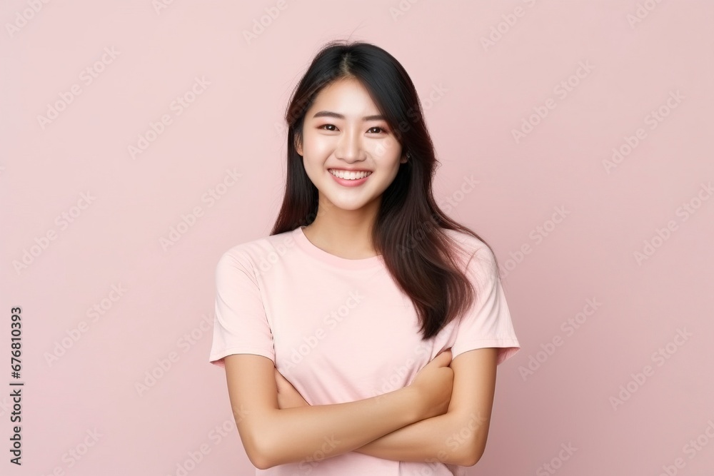photo portrait of young asia lady with positive expression, arms crossed, smile broadly, dressed in casual clothing, generative ai photo portrait of young asia lady with positive expression, arms crossed, smile broadly, dressed in casual clothing, generative ai
