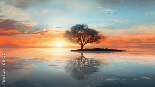  a lone tree on a small island in the middle of a body of water with a sunset in the background. generative ai