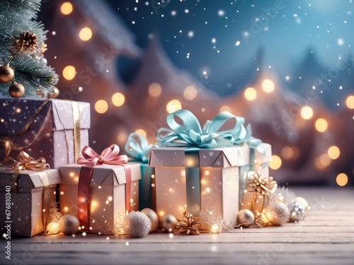 Christmas background with gift boxes with bows in delicate pink, beige, blue tones, bokeh and fairy light. Festive mood Christmas and New Year © Ольга Симонова