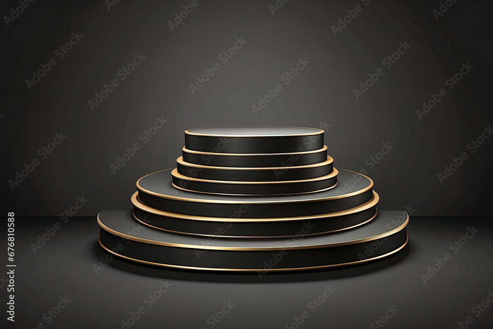 Black with gold round geometric empty podium for a product in a beam of light on a black background. Black Friday promotion, advertising, display Black with gold round geometric empty podium for a product in a beam of light on a black background. Black Friday promotion, advertising, display