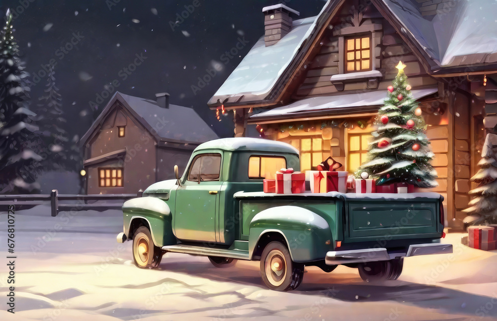 Obraz premium Green retro Christmas truck with gifts and a Christmas tree in the back near a decorated house in winter with snow. A holiday card for Christmas and New Year.