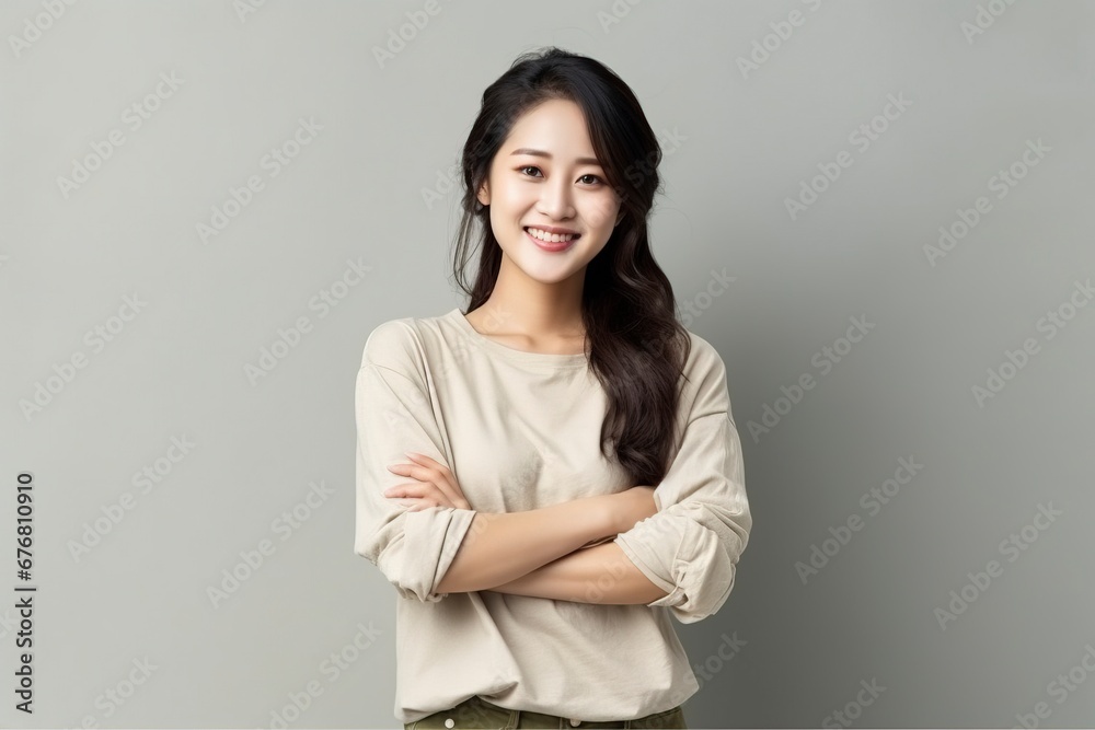 photo portrait of young asia lady with positive expression, arms crossed, smile broadly, dressed in casual clothing, generative ai photo portrait of young asia lady with positive expression, arms crossed, smile broadly, dressed in casual clothing, generative ai