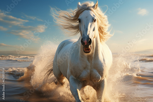 A beautiful white wild horse with very Long hair running in a soft white sand beach by a deep blue, and aquamarine calmed ocean at sunrise. The colorful sun rays reflecting magicaly an making bright f