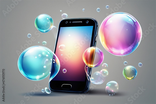 Smartphone Tablet PC mit schwebenden transparenten Blasen