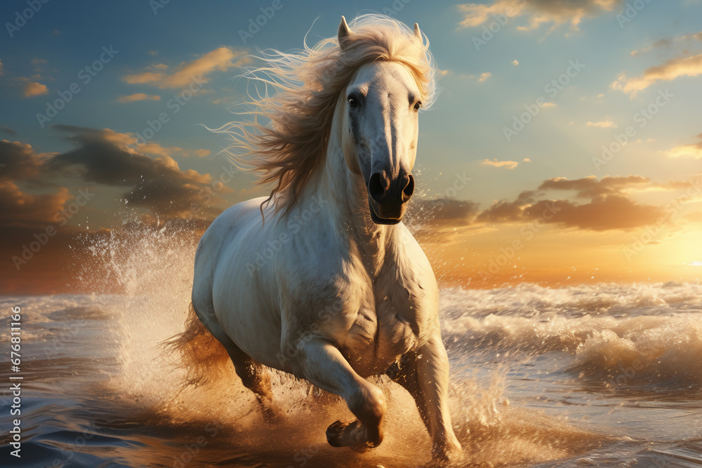 A beautiful white wild horse with very Long hair running in a soft white sand beach by a deep blue, and aquamarine calmed ocean at sunrise. The colorful sun rays reflecting magicaly an making bright f A beautiful white wild horse with very Long hair running in a soft white sand beach by a deep blue, and aquamarine calmed ocean at sunrise. The colorful sun rays reflecting magicaly an making bright f