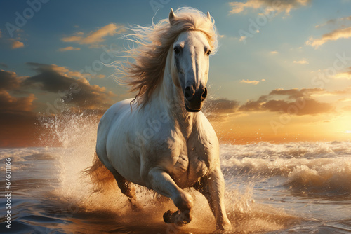 A beautiful white wild horse with very Long hair running in a soft white sand beach by a deep blue, and aquamarine calmed ocean at sunrise. The colorful sun rays reflecting magicaly an making bright f © 성우 양