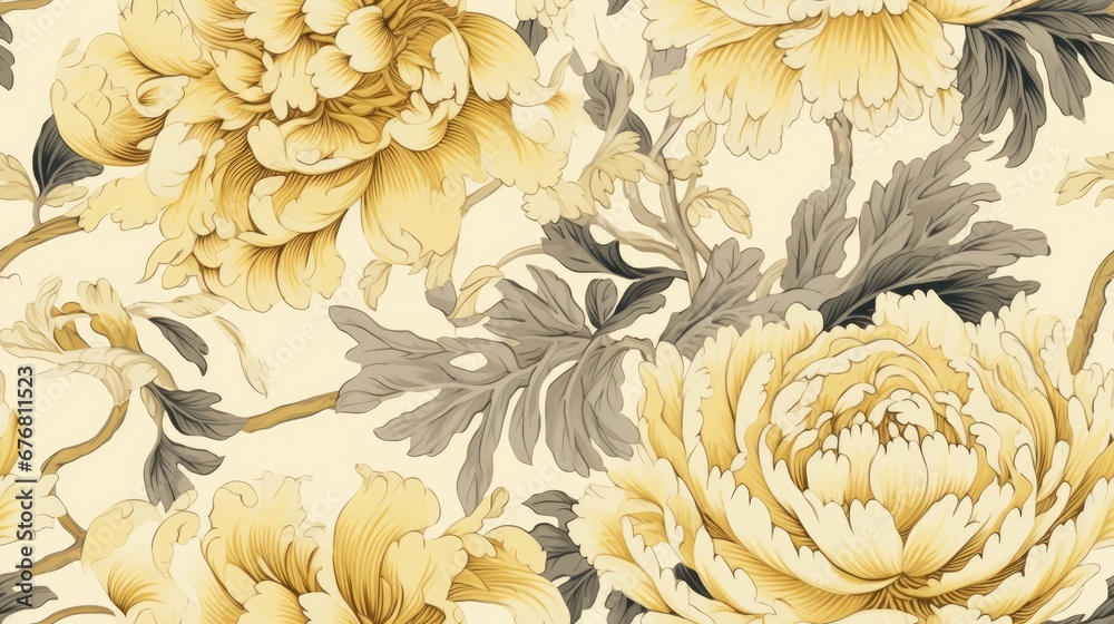 a close up of a yellow and gray flower pattern on a white wallpaper with leaves and flowers on it. generative ai a close up of a yellow and gray flower pattern on a white wallpaper with leaves and flowers on it. generative ai