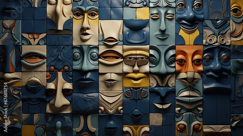  a group of faces made up of different shapes and sizes of blue, yellow, orange, and white tiles. generative ai