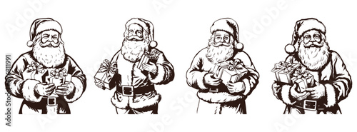 Santa Claus holding a gift. Happy Santa with the present box. Christmas gift from Santa Claus. Retro Vintage Santa Claus clipart. Transparent PNG. Vector illustration isolated on white