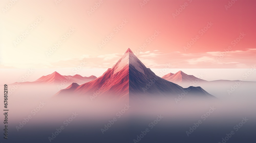  a red and white mountain in the middle of a foggy mountain range with a pink sky in the background.  generative ai