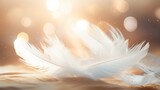 White feather with gold glitter on defocused background with light beam and sparks and confetti. Vector design with realistic golden colored bird or angel quill, soft fluffy plume flying in sun ray