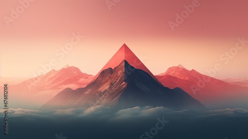  a mountain in the middle of the clouds with a pink sky in the background and a pink sky in the foreground. generative ai