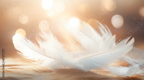 White feather with gold glitter on defocused background with light beam and sparks and confetti. Vector design with realistic golden colored bird or angel quill, soft fluffy plume flying in sun ray photo