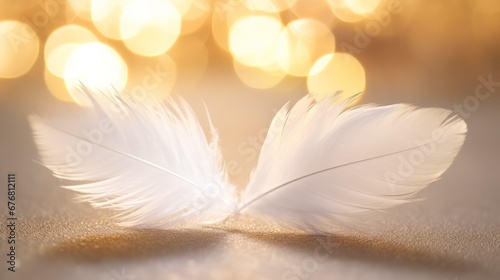 White feather with gold glitter on defocused background with light beam and sparks and confetti. Vector design with realistic golden colored bird or angel quill  soft fluffy plume flying in sun ray