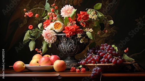 a vase filled with flowers and fruit next to a bowl of fruit and a bowl of fruit on a table. generative ai