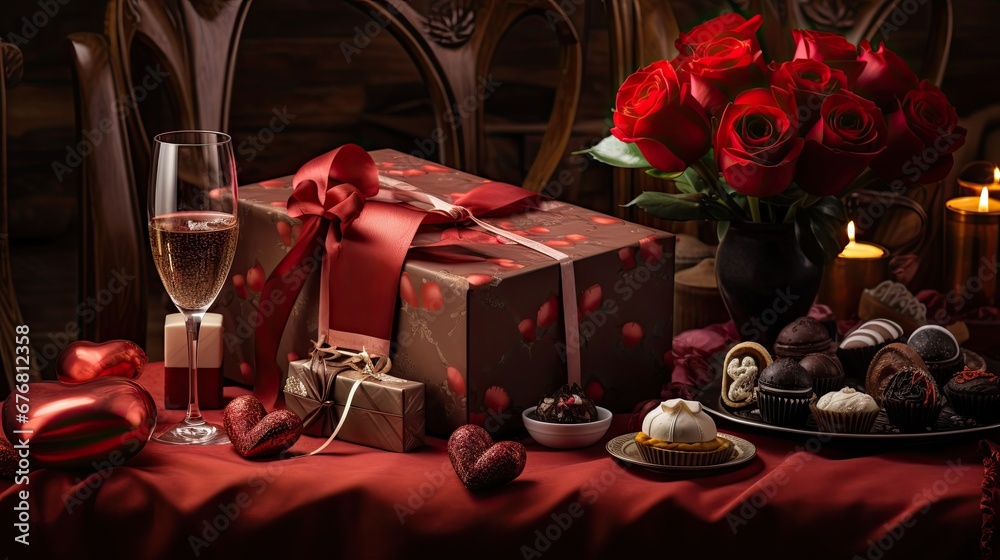  a table topped with a box of chocolates next to a glass of wine and a vase filled with roses.  generative ai