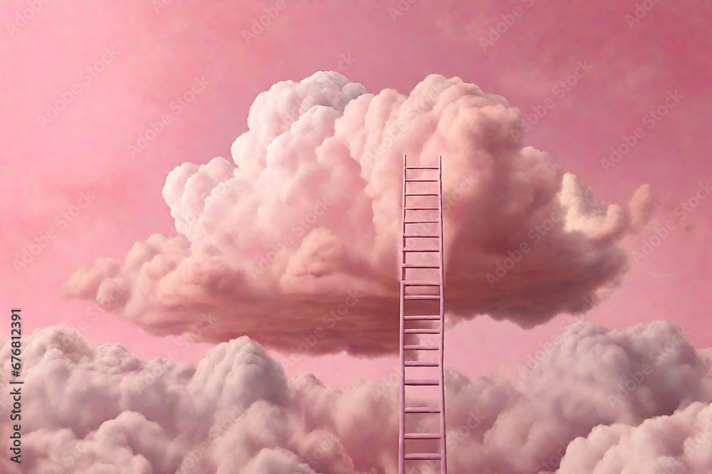 Ladder going up to a pink cloud,3D illustration.