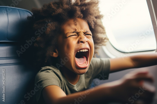 Young African American boy crying loudly in a car seat. photo