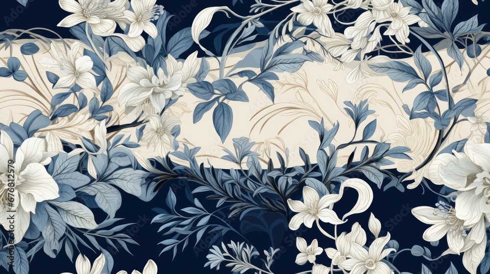 a blue and white floral wallpaper with white and blue flowers on a dark blue background with a white border. a blue and white floral wallpaper with white and blue flowers on a dark blue background with a white border.