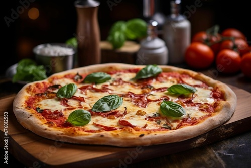 AI generated illustration of a delicious Italian-style pizza presented on a wooden cutting board
