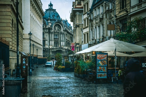 Fotografie Streets of the old town of Bucharest, Romania on a rainy day
