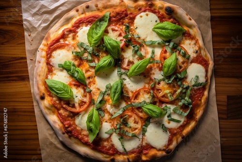 AI generated illustration of a delicious Italian-style pizza presented on a wooden cutting board