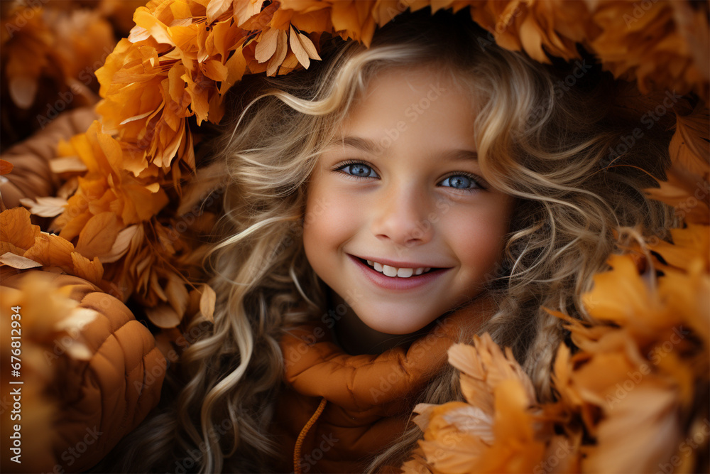 portrait of a cheerful little blonde girl in a yellow jacket laughing against the background of autumn leaves.autumn background. 