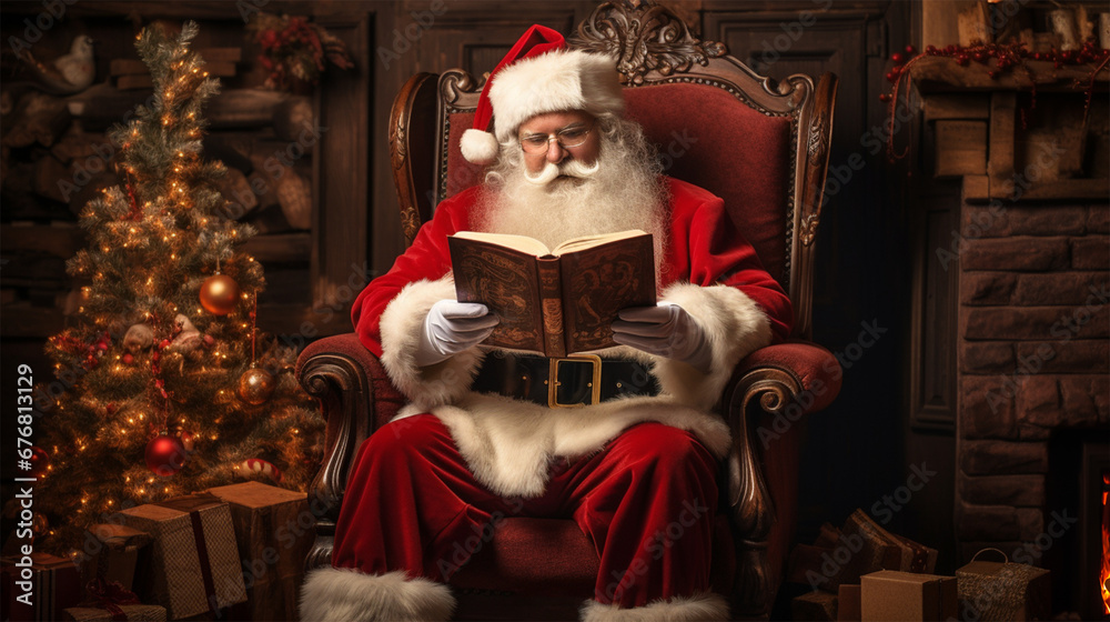 Santa Claus with a book sits in a chair in a room with a fireplace, decorated for Christmas. Christmas and New Year concept