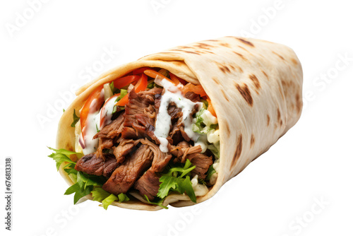 Shawarma wrap, doner kebab pita bread, street food isolated on white transparent background. PNG photo